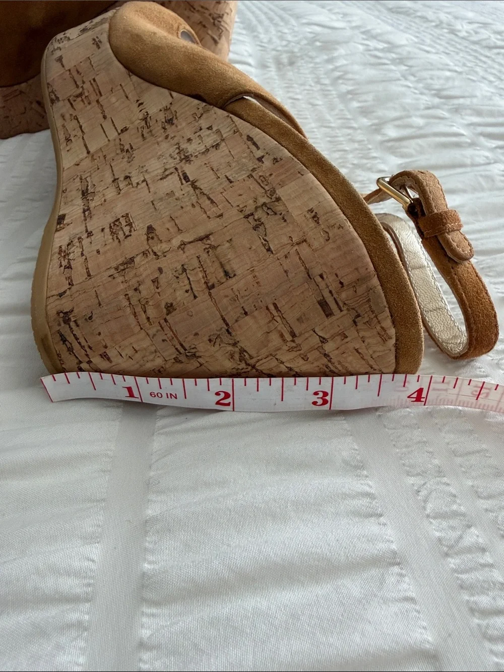 Stuart Weitzman Peep-Toe Tan Suede Cork Wedge Slingbacks